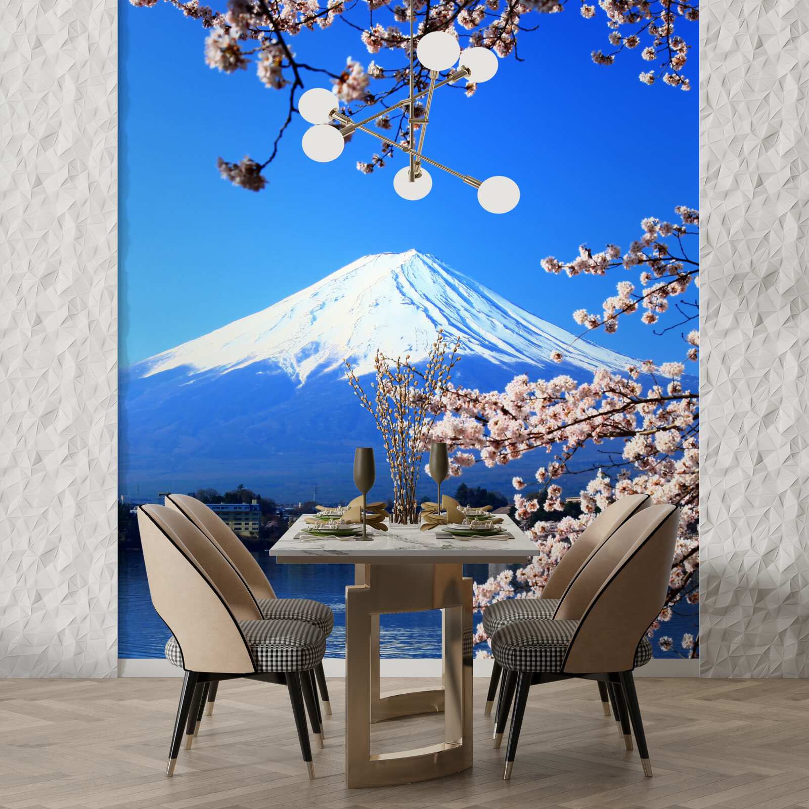 Фотошпалери цвітіння сакури на тлі озера та гірської вершини