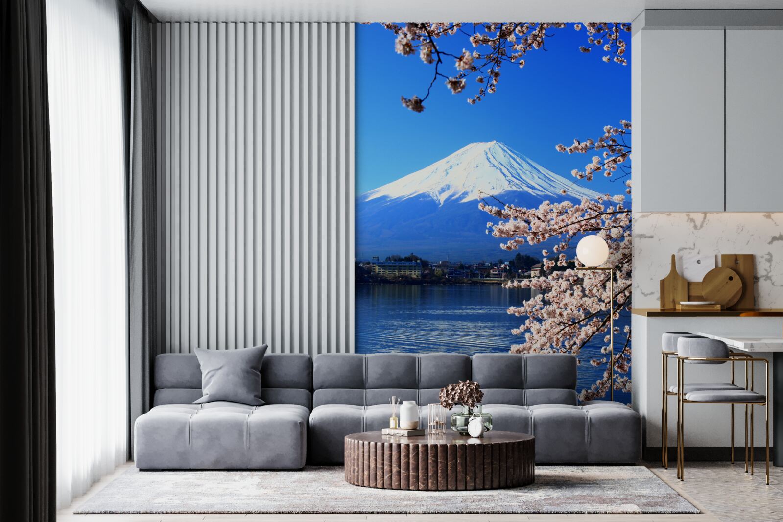 Фотошпалери цвітіння сакури на тлі озера та гірської вершини