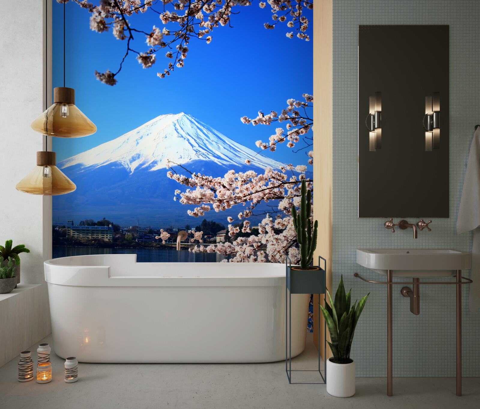 Фотошпалери цвітіння сакури на тлі озера та гірської вершини