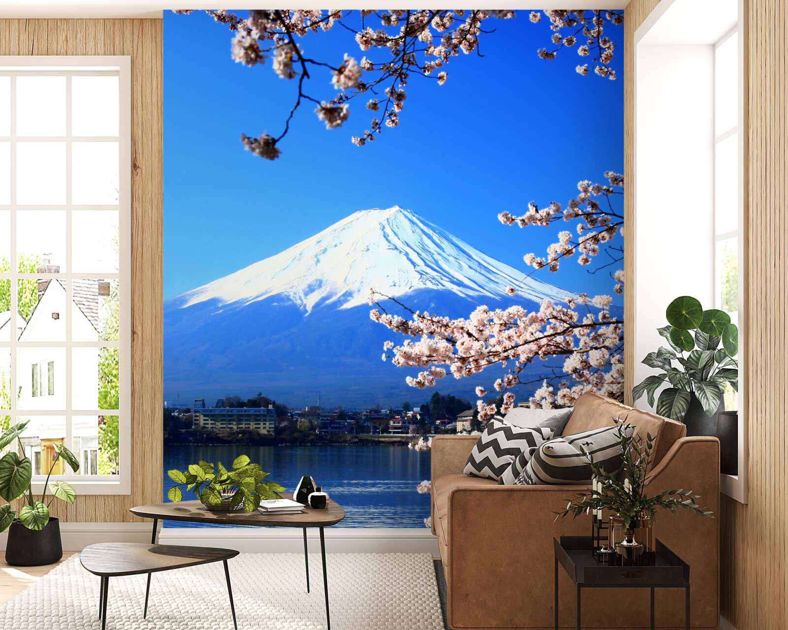 Фотошпалери цвітіння сакури на тлі озера та гірської вершини