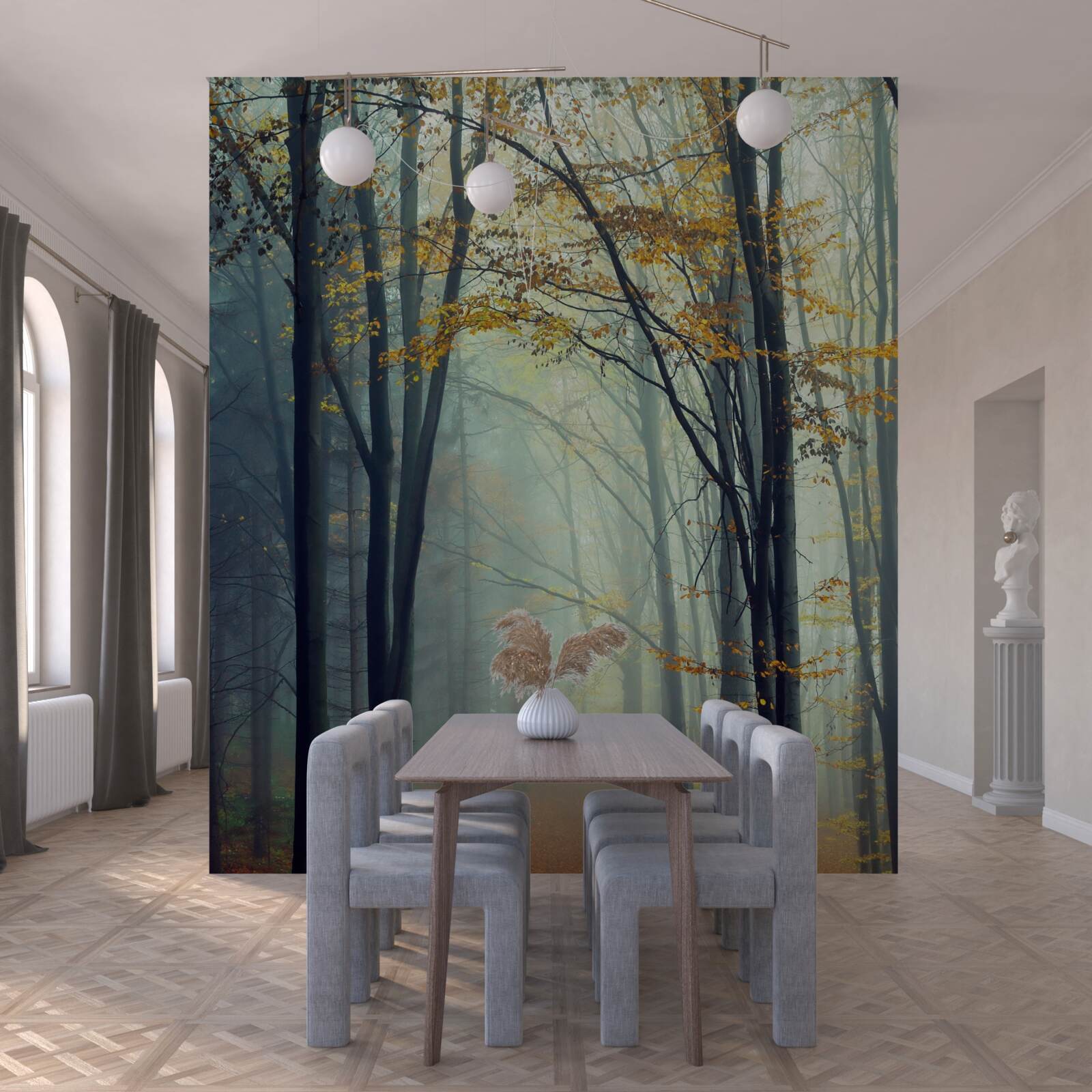 Фотошпалери осінній ліс, оповитий туманом