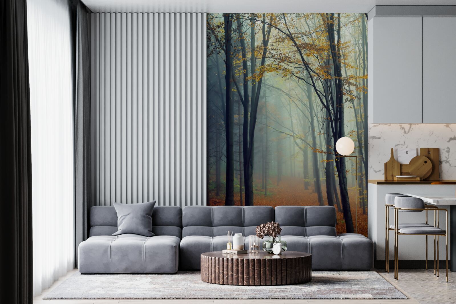 Фотошпалери осінній ліс, оповитий туманом