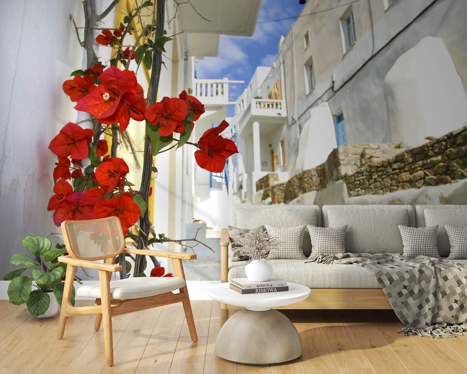 Фотошпалери червоні квіти на яскравих міських стінах