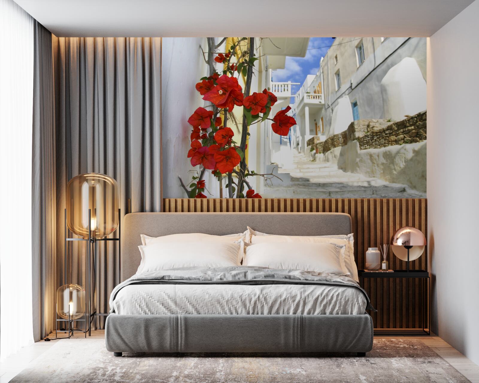 Фотошпалери червоні квіти на яскравих міських стінах