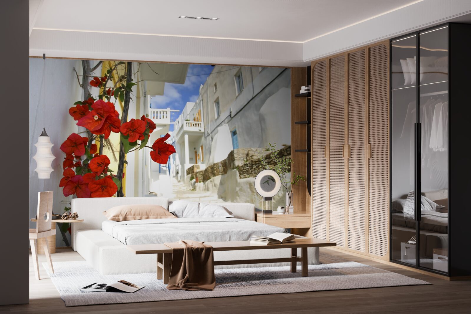 Фотошпалери червоні квіти на яскравих міських стінах