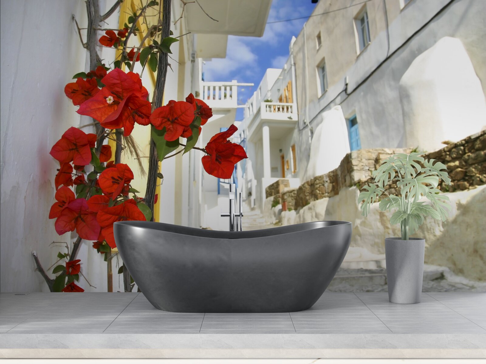 Фотошпалери червоні квіти на яскравих міських стінах