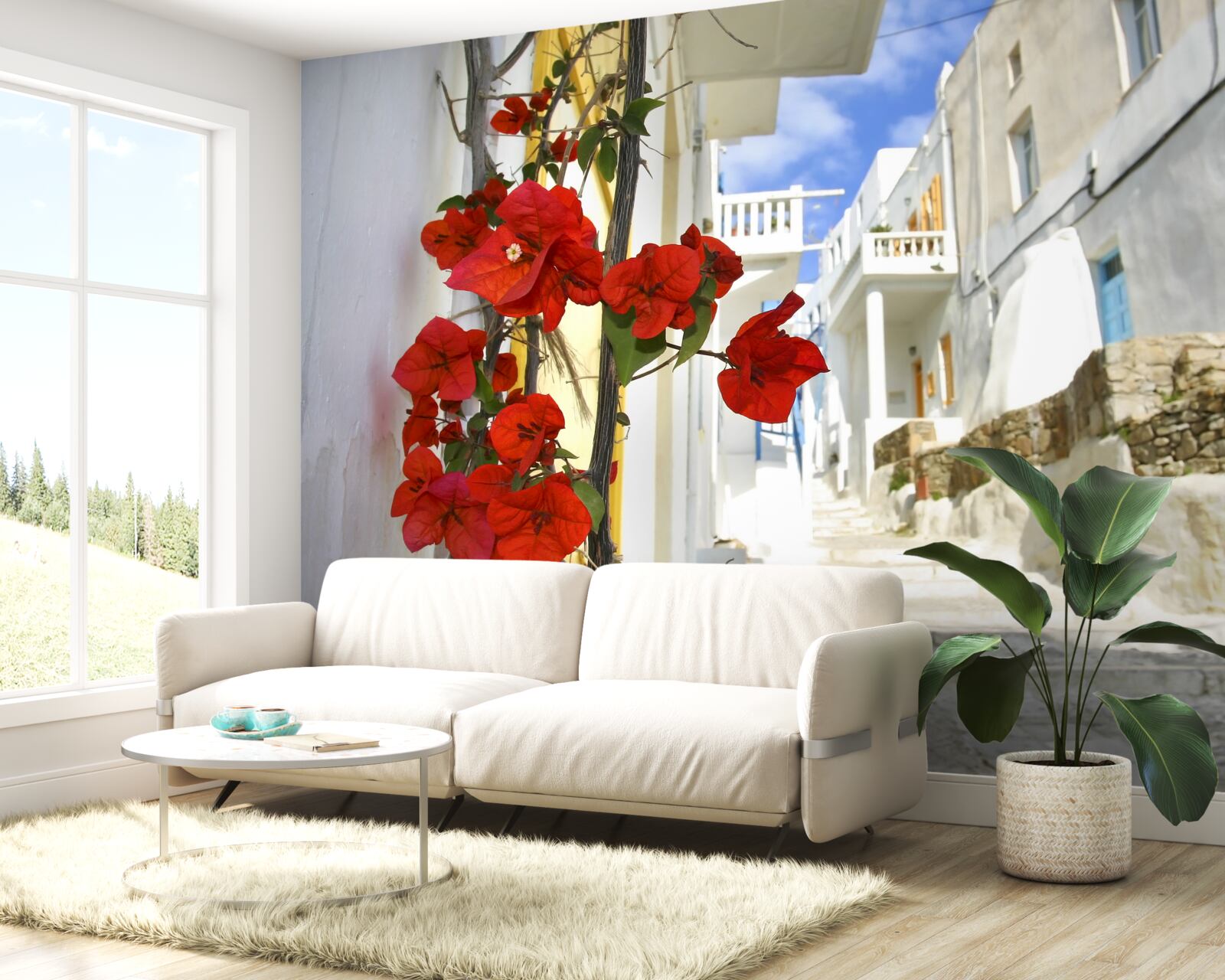 Фотошпалери червоні квіти на яскравих міських стінах