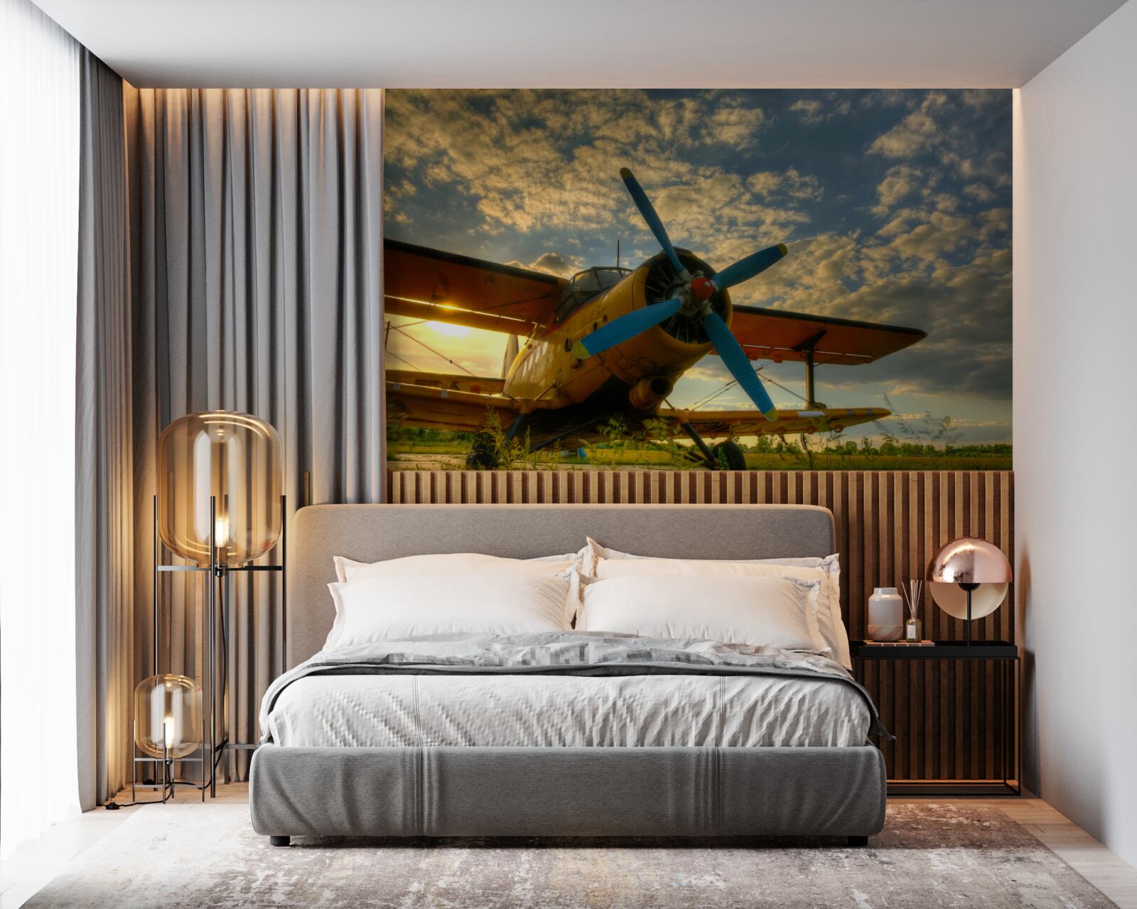 Фотошпалери на полі стоїть вінтажний літак з пропелером