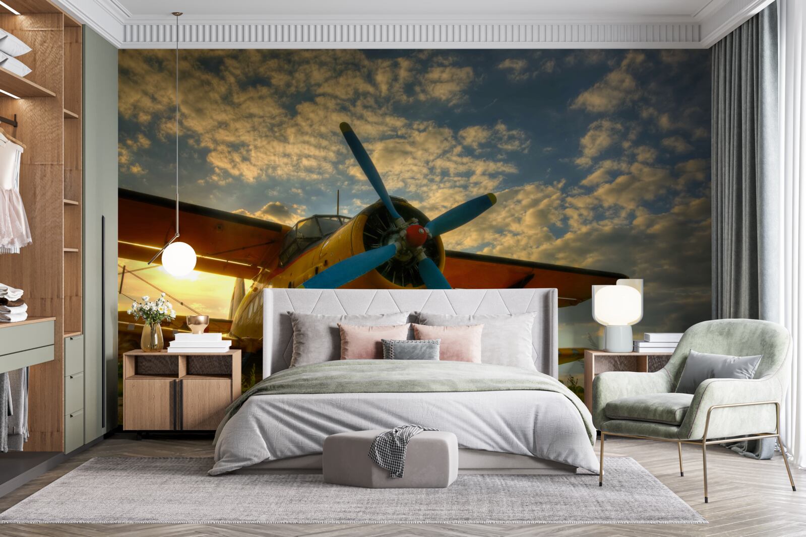 Фотошпалери на полі стоїть вінтажний літак з пропелером