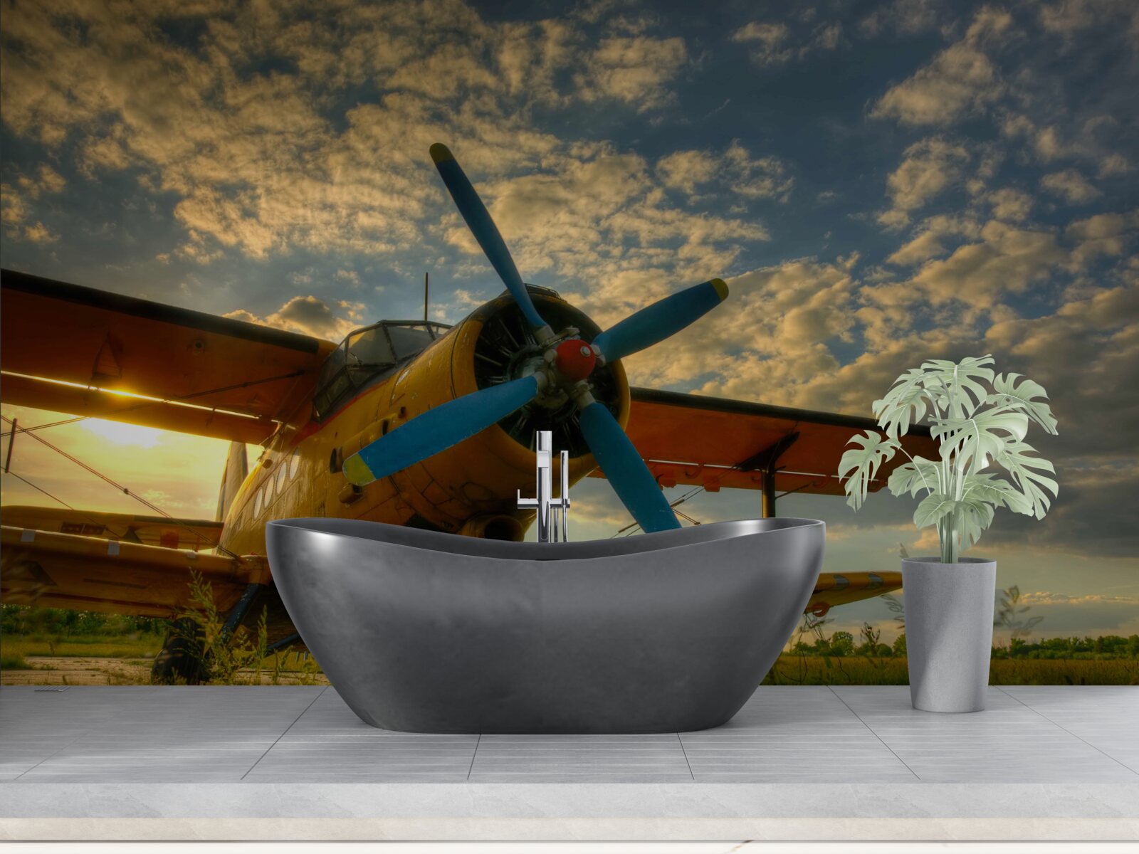 Фотошпалери на полі стоїть вінтажний літак з пропелером