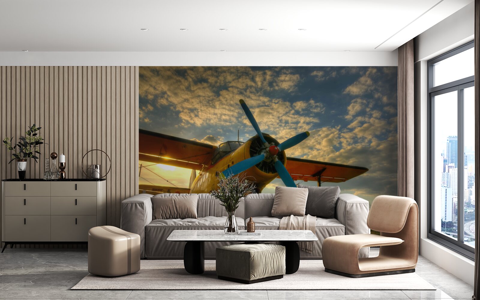 Фотошпалери на полі стоїть вінтажний літак з пропелером