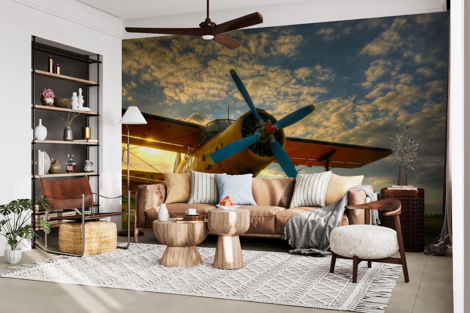 Фотошпалери на полі стоїть вінтажний літак з пропелером