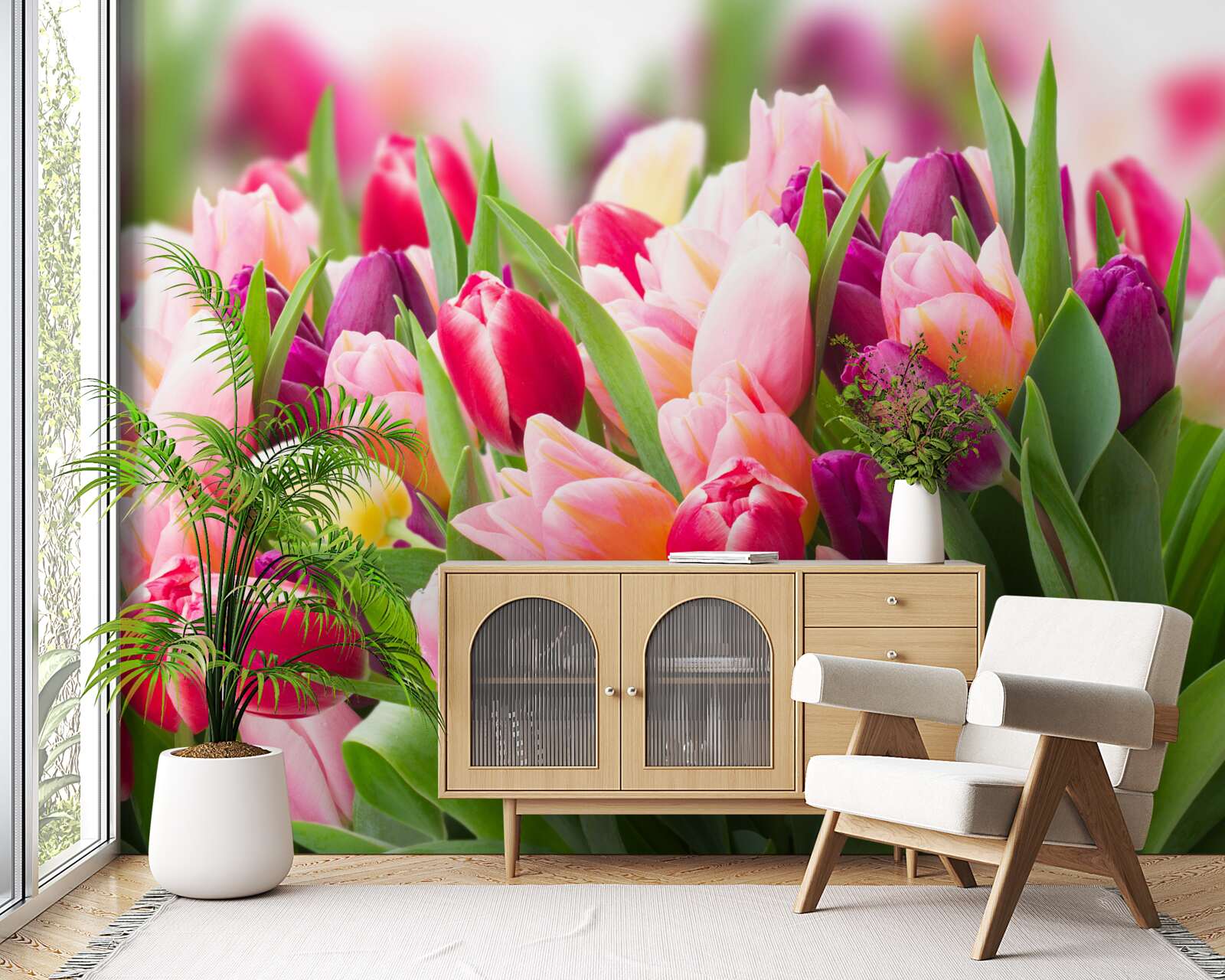 Фотошпалери яскраві весняні тюльпани з зеленим листям