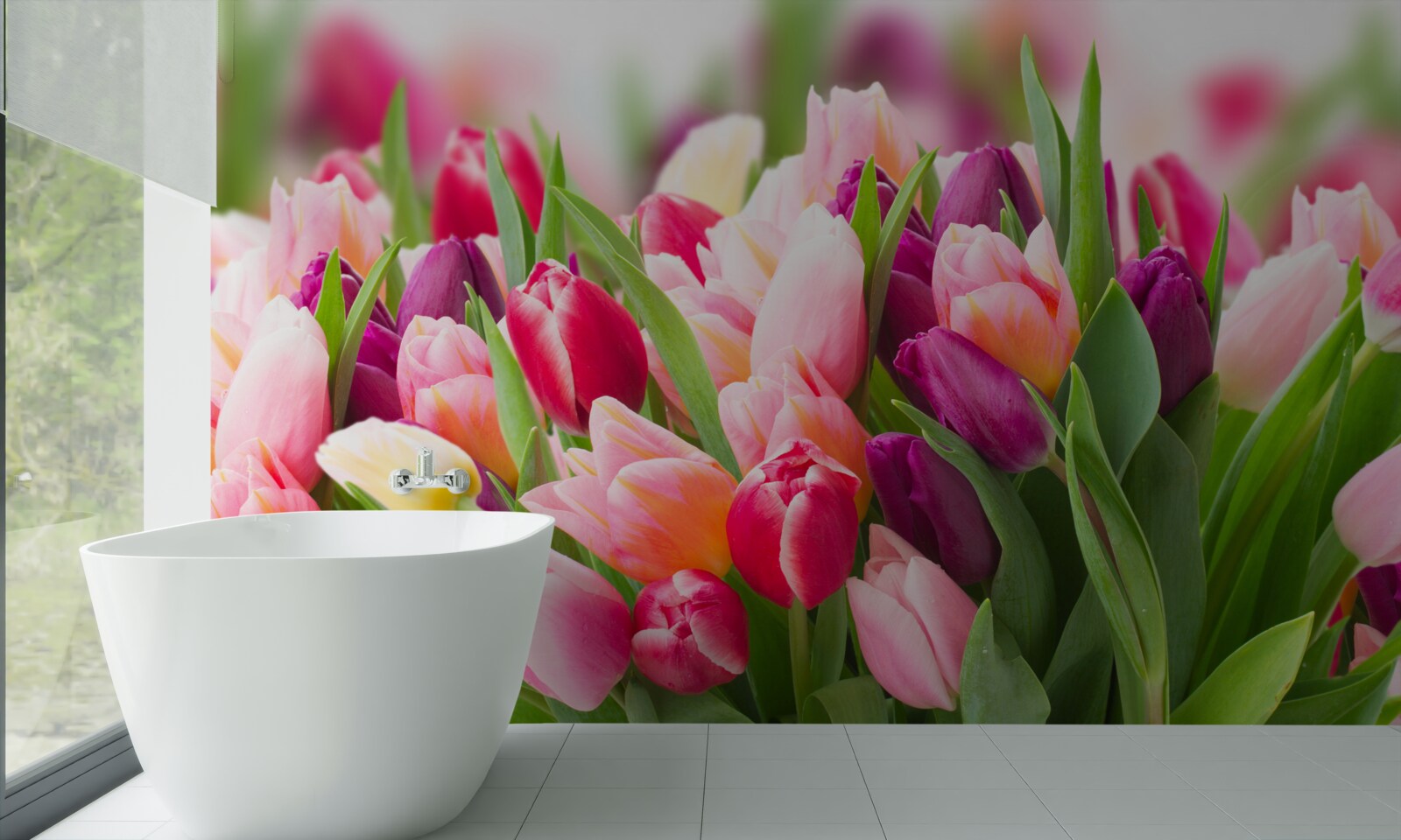 Фотошпалери яскраві весняні тюльпани з зеленим листям