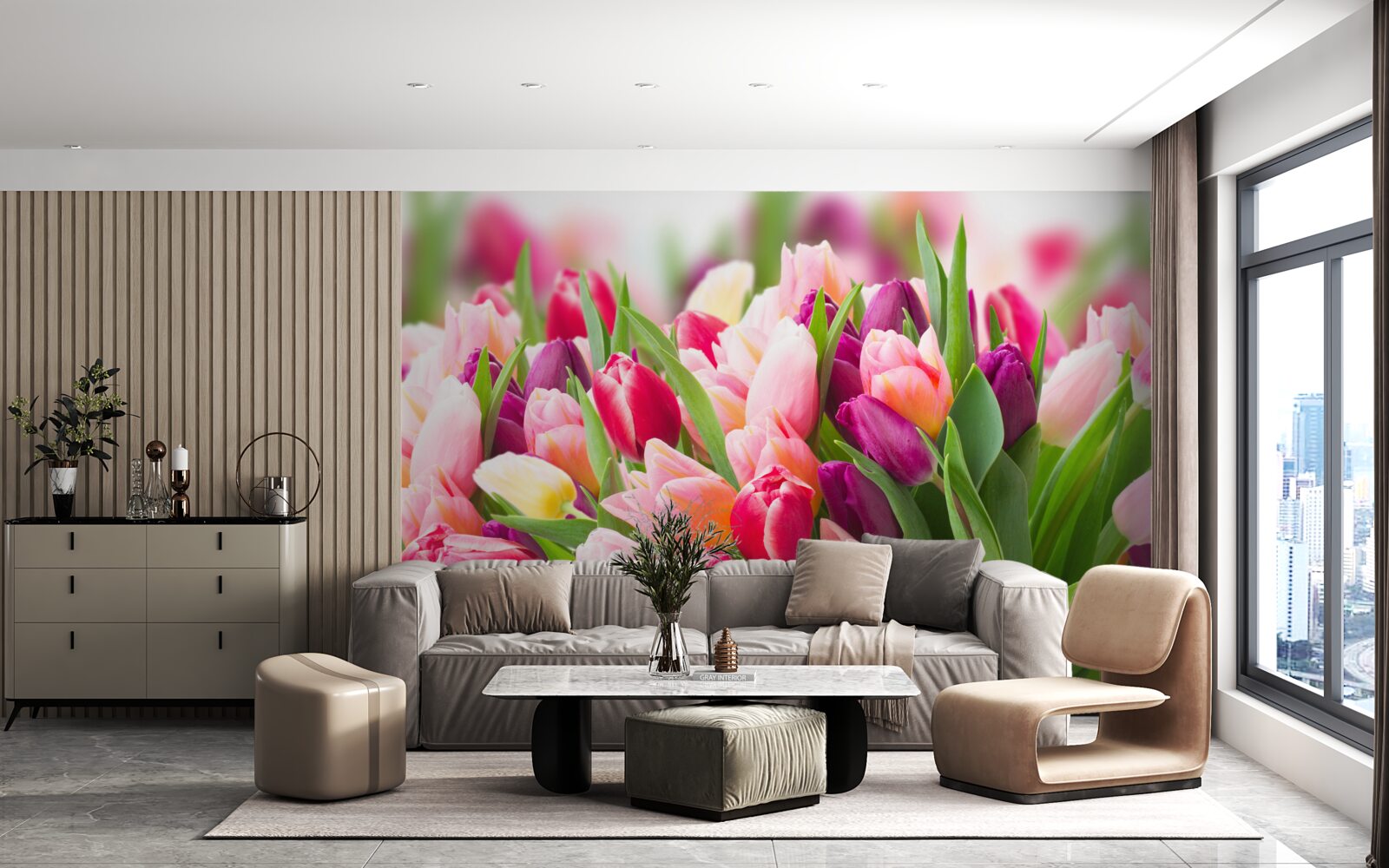 Фотошпалери яскраві весняні тюльпани з зеленим листям