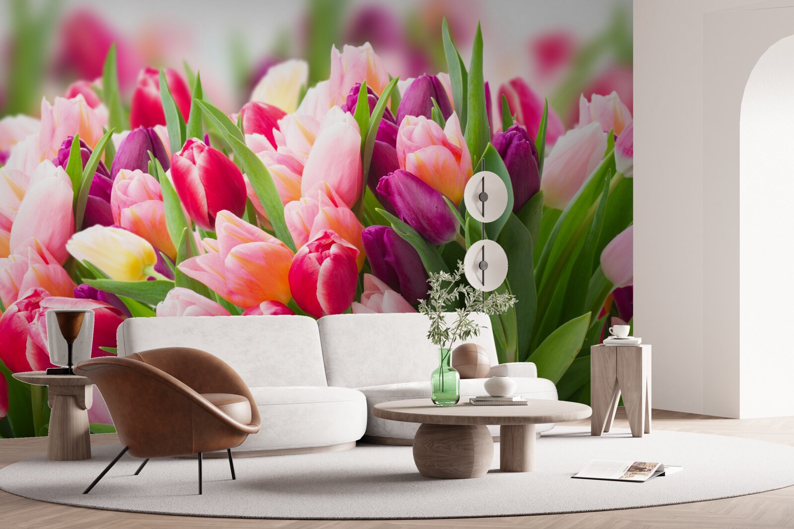 Фотошпалери яскраві весняні тюльпани з зеленим листям