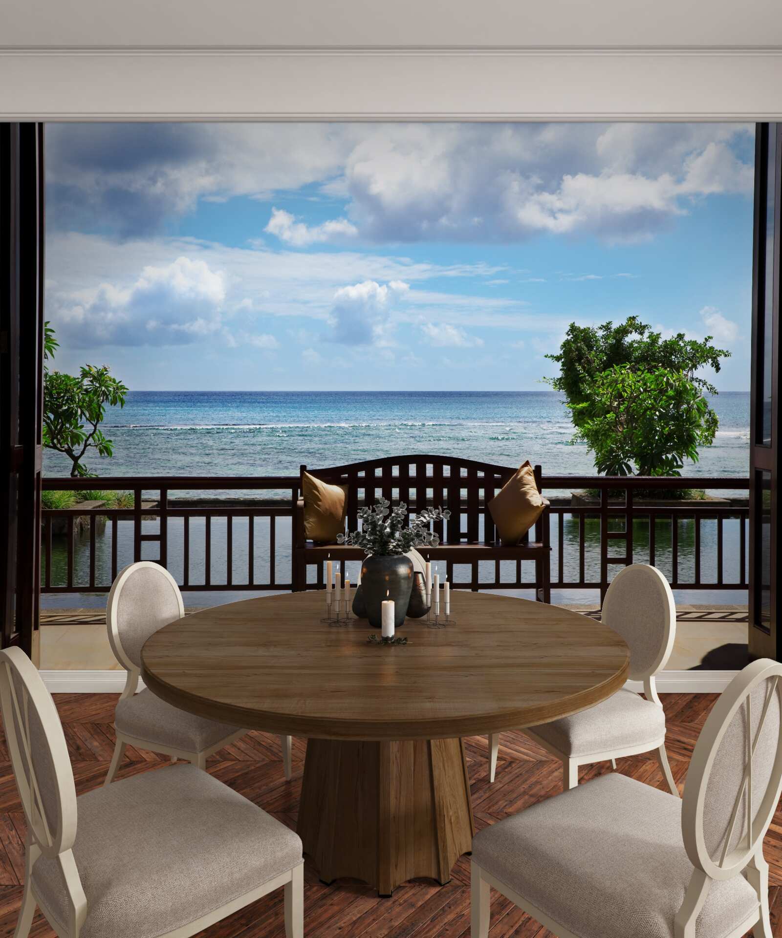 Фотошпалери зручна лавка на березі океану