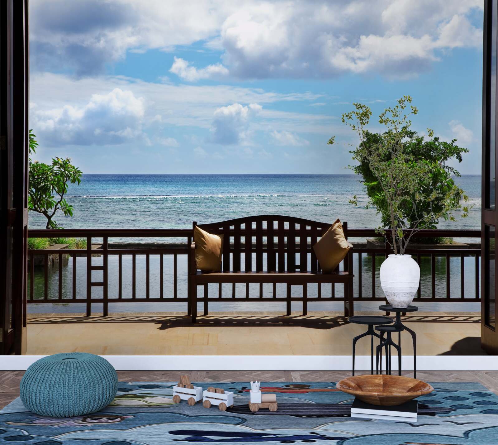 Фотошпалери зручна лавка на березі океану