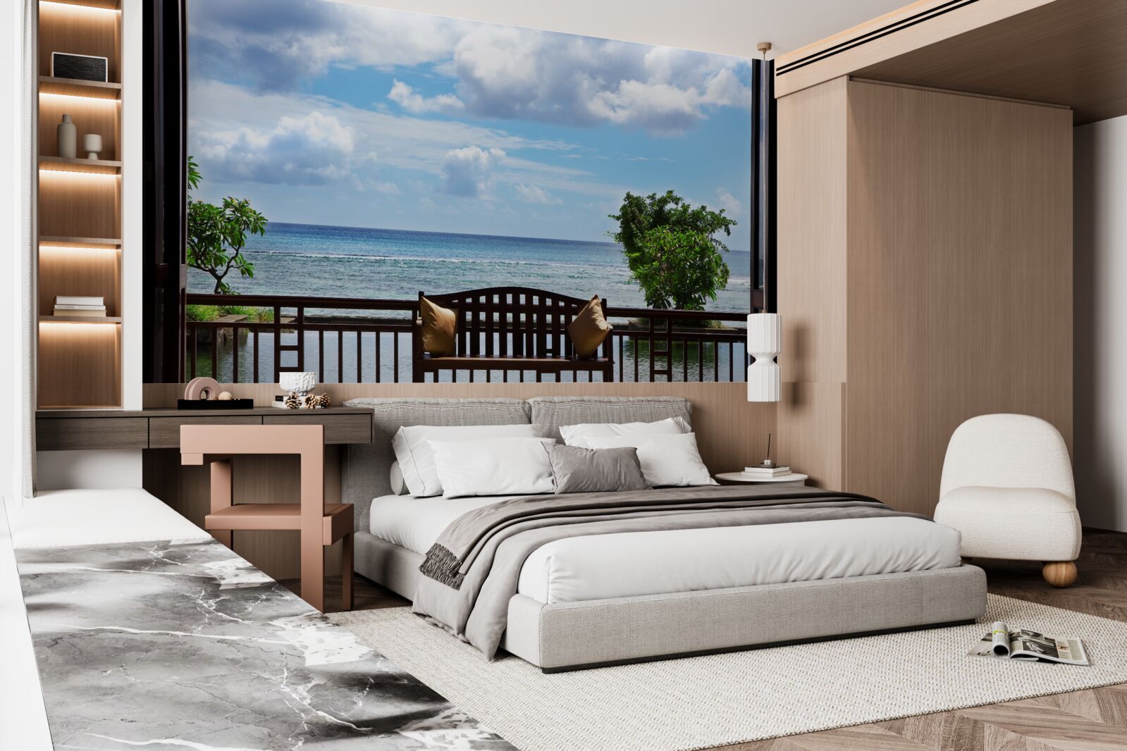 Фотошпалери зручна лавка на березі океану