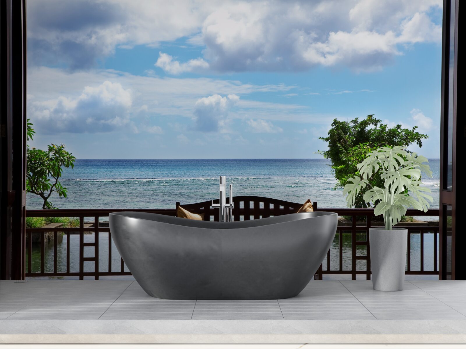 Фотошпалери зручна лавка на березі океану