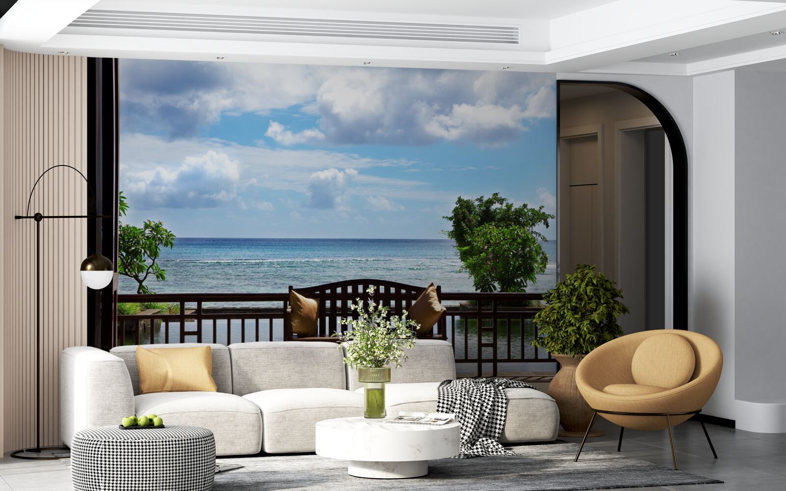 Фотошпалери зручна лавка на березі океану