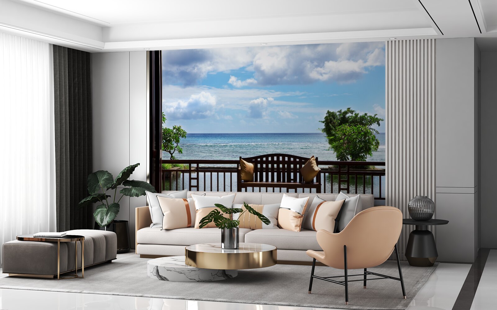 Фотошпалери зручна лавка на березі океану