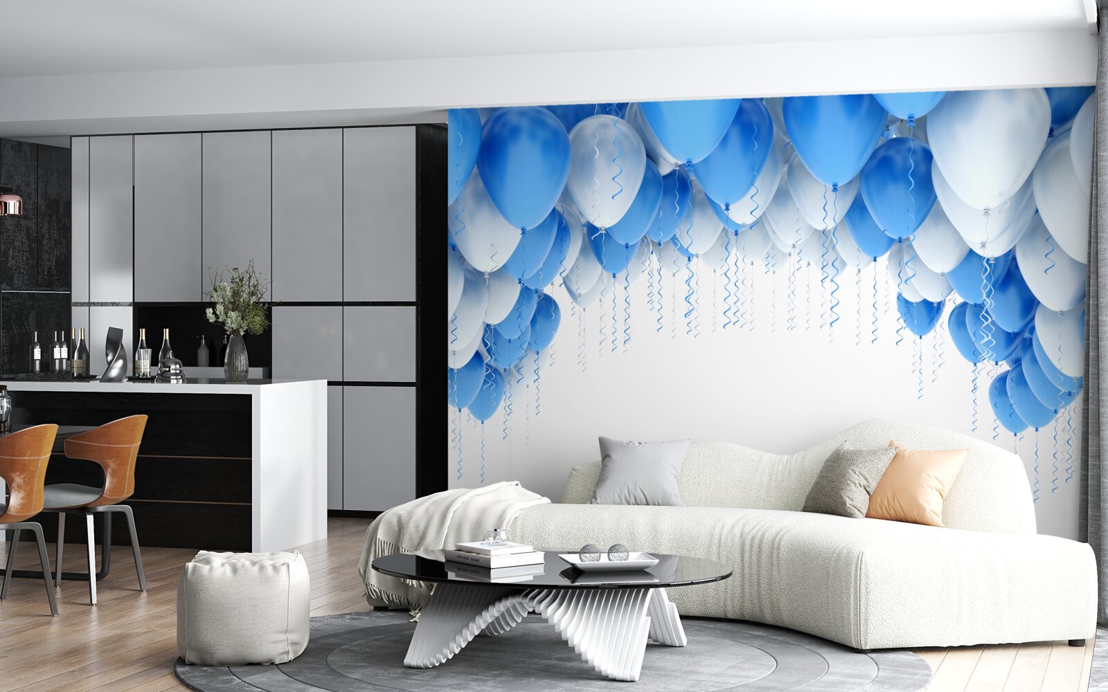 Фотошпалери біло-блакитні кульки ширяють у повітрі