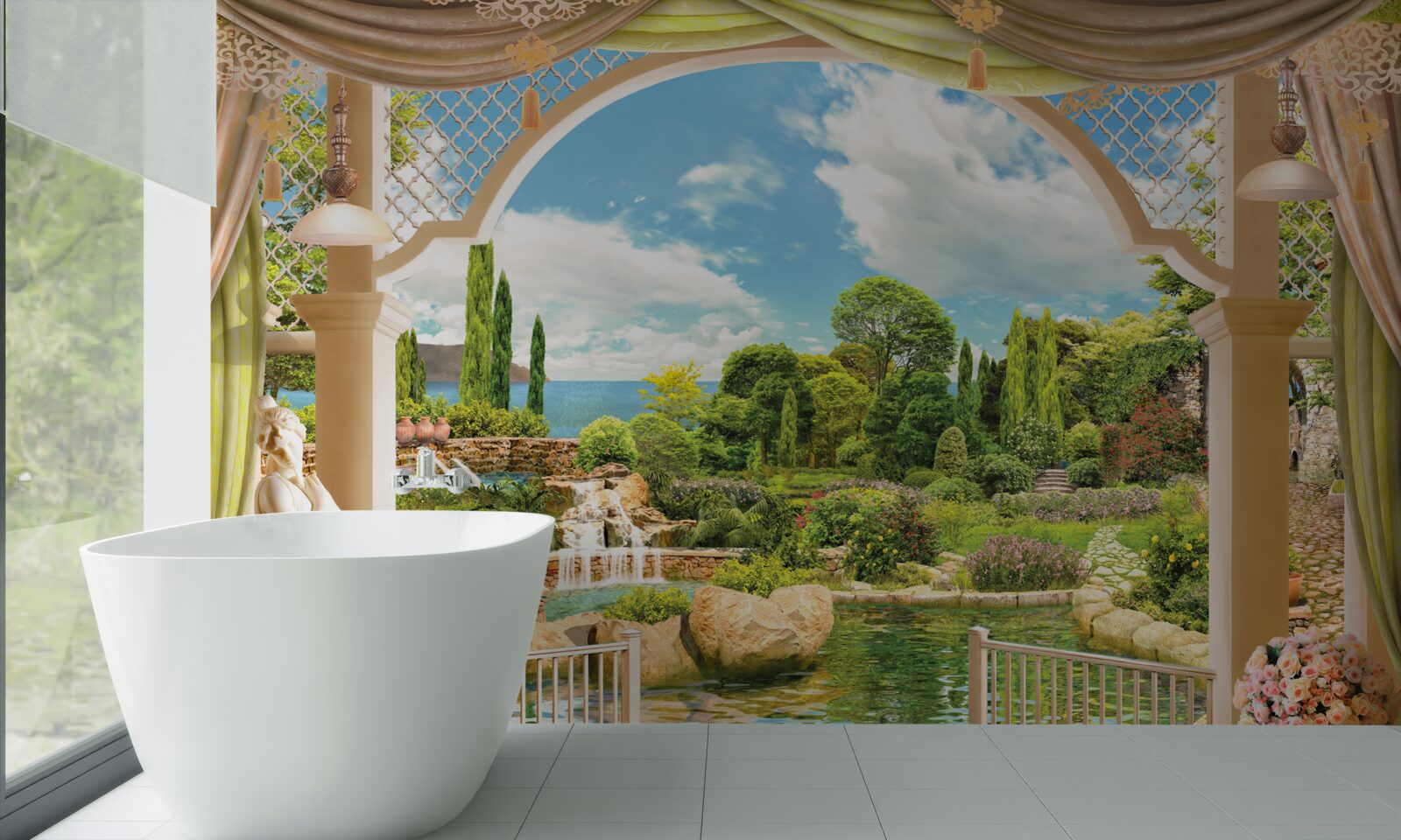 Фотошпалери балкон з видом на мальовничу зелень природи