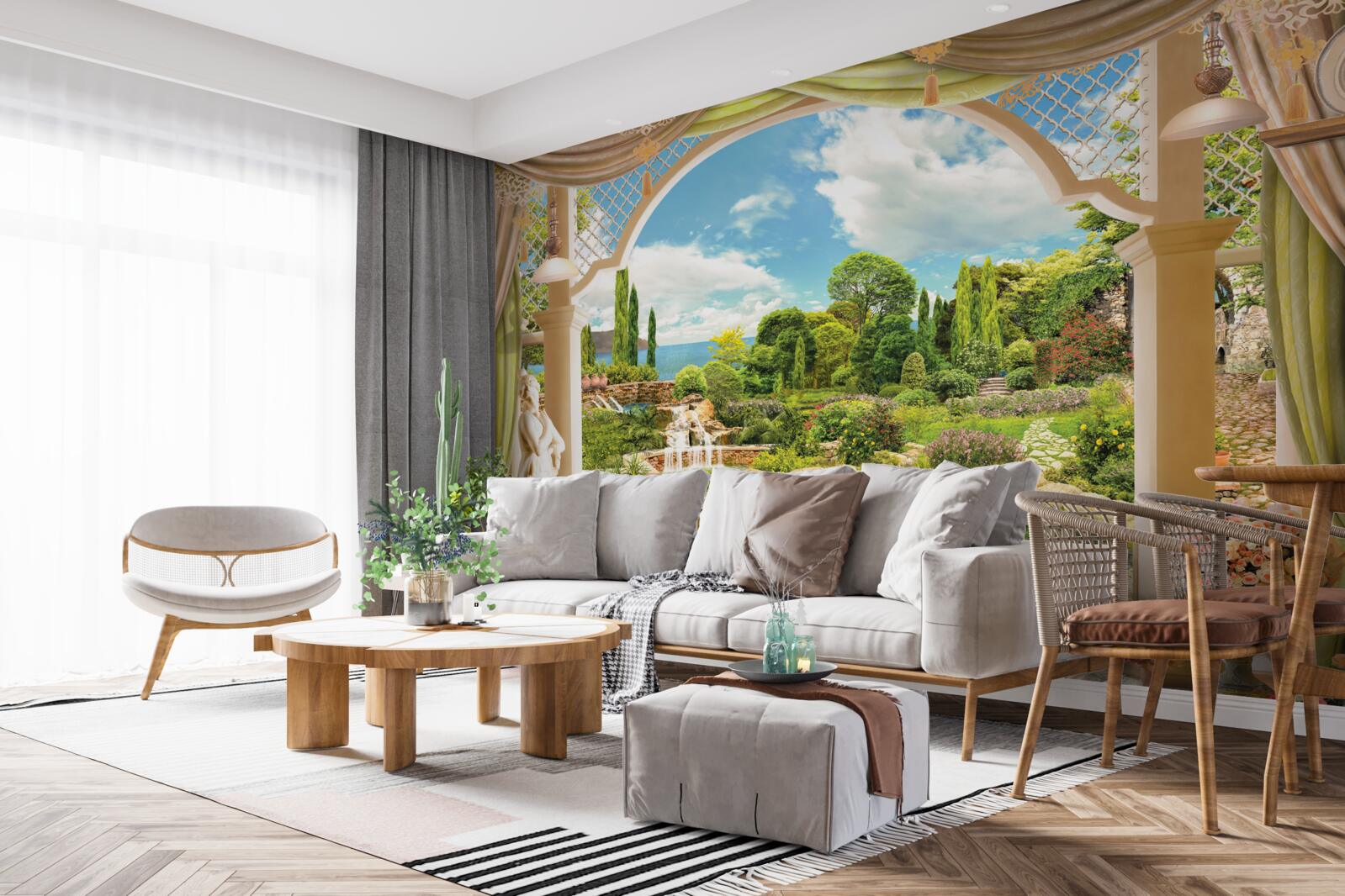 Фотошпалери балкон з видом на мальовничу зелень природи