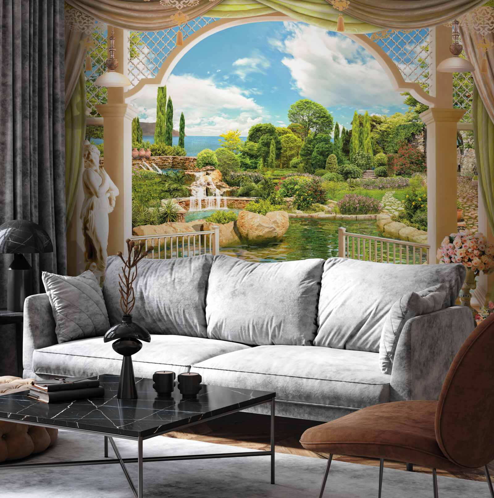 Фотошпалери балкон з видом на мальовничу зелень природи