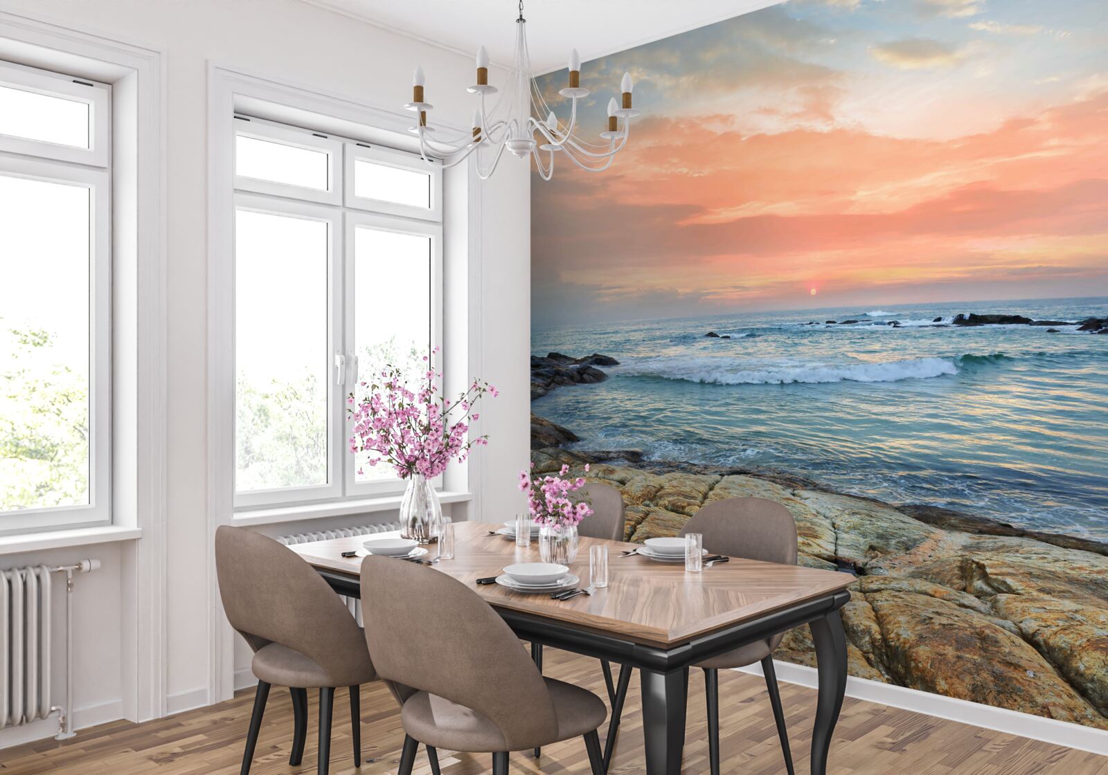 Фотошпалери океан, що тягнеться до горизонту, і рожевий захід сонця