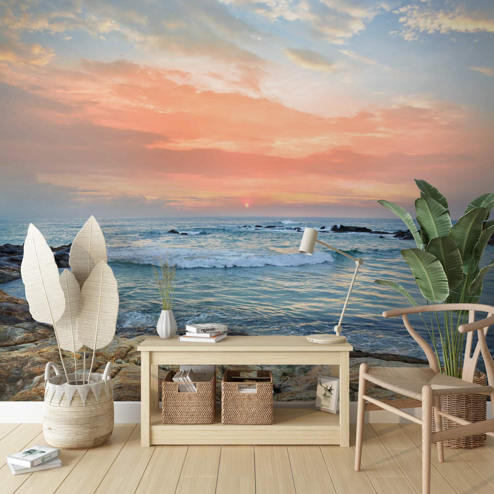 Фотошпалери океан, що тягнеться до горизонту, і рожевий захід сонця