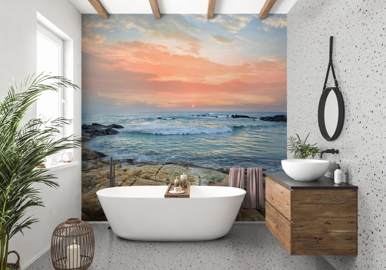 Фотошпалери океан, що тягнеться до горизонту, і рожевий захід сонця