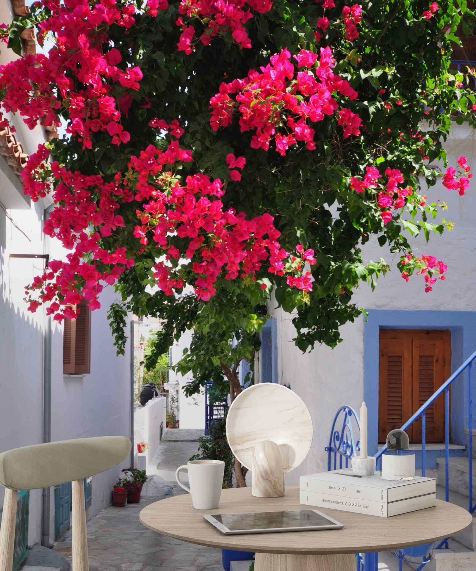 Фотошпалери у греції червоні квіти ростуть біля білих будинків