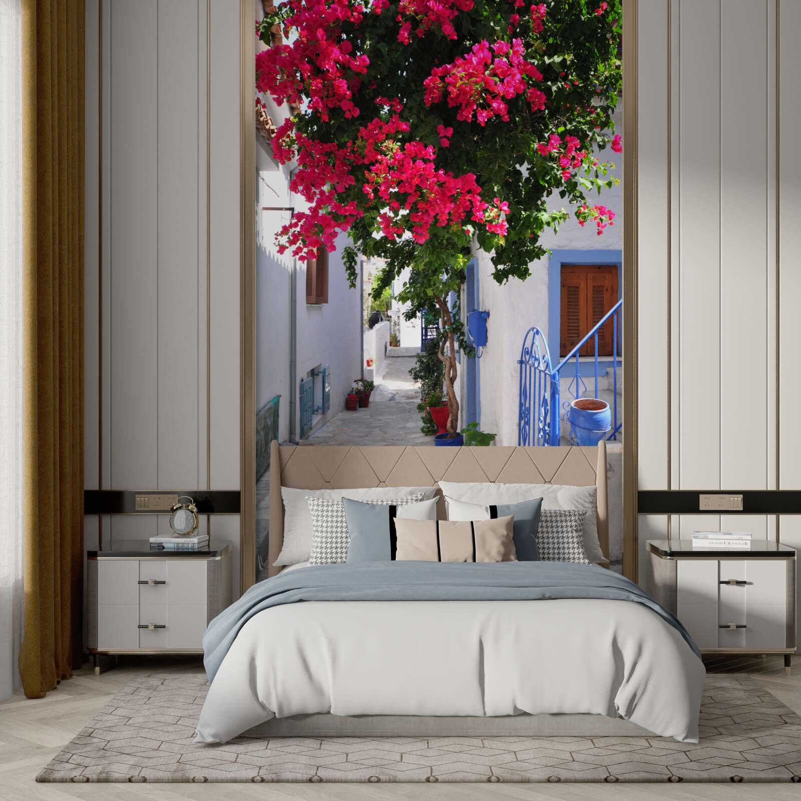 Фотошпалери у греції червоні квіти ростуть біля білих будинків