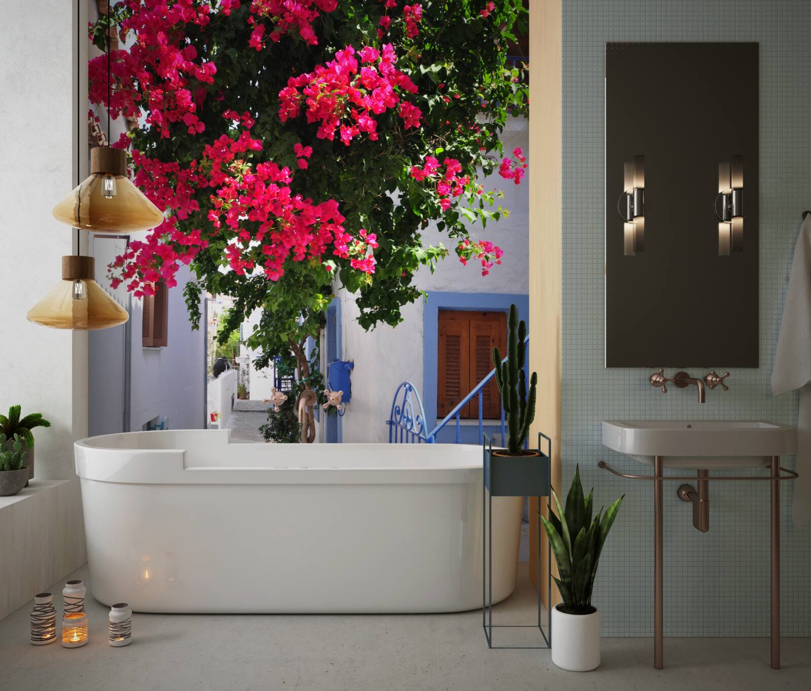 Фотошпалери у греції червоні квіти ростуть біля білих будинків