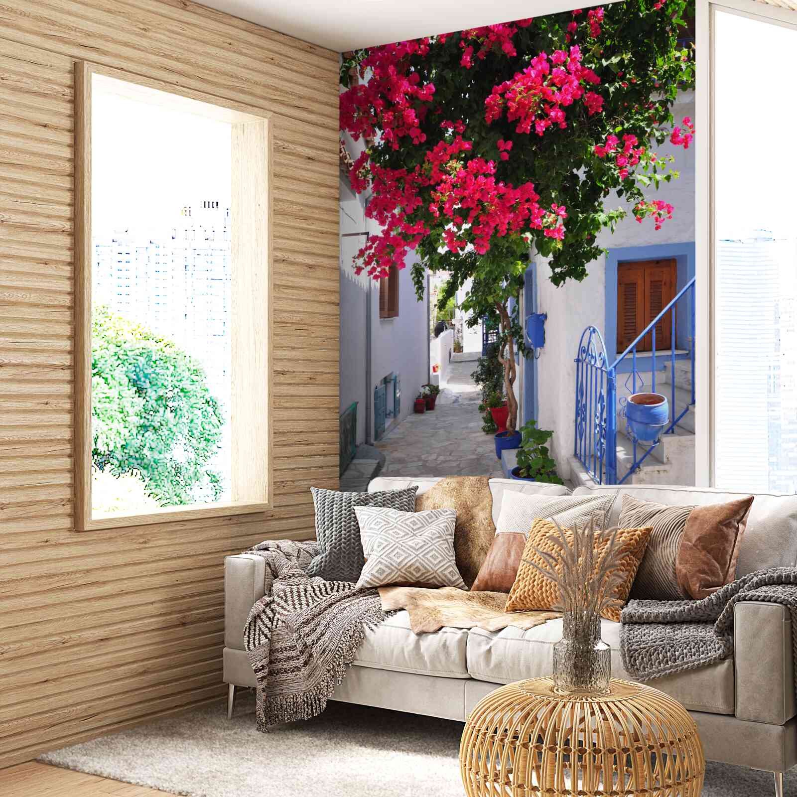 Фотошпалери у греції червоні квіти ростуть біля білих будинків