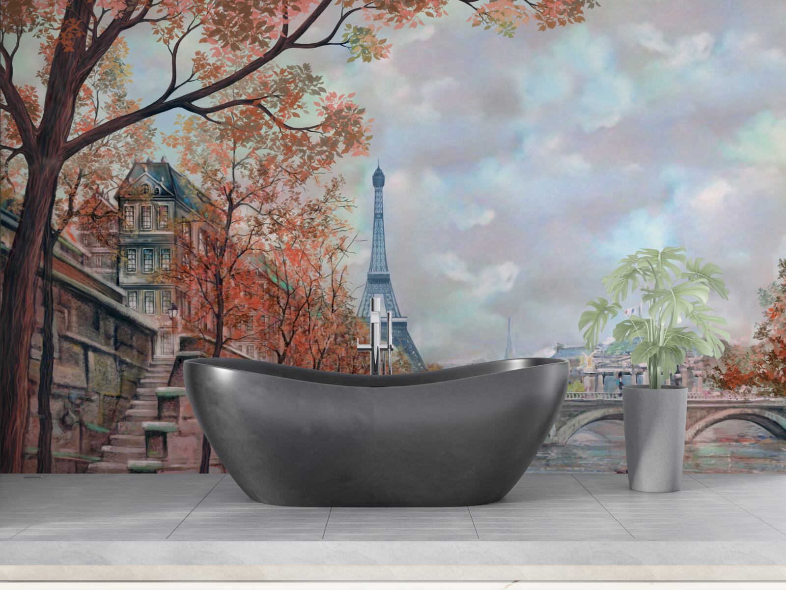 Фотошпалери паризький пейзаж і набережна в кольорах