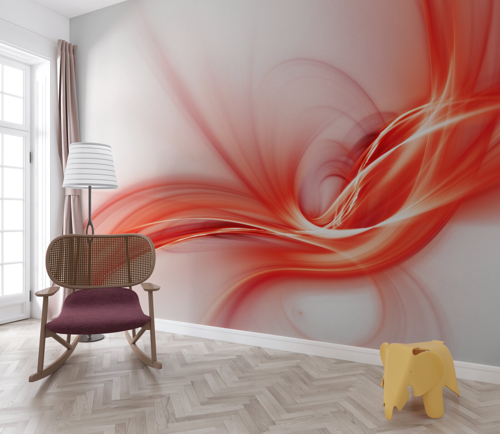 Фотошпалери червоний візерунок на шовковому білому тлі