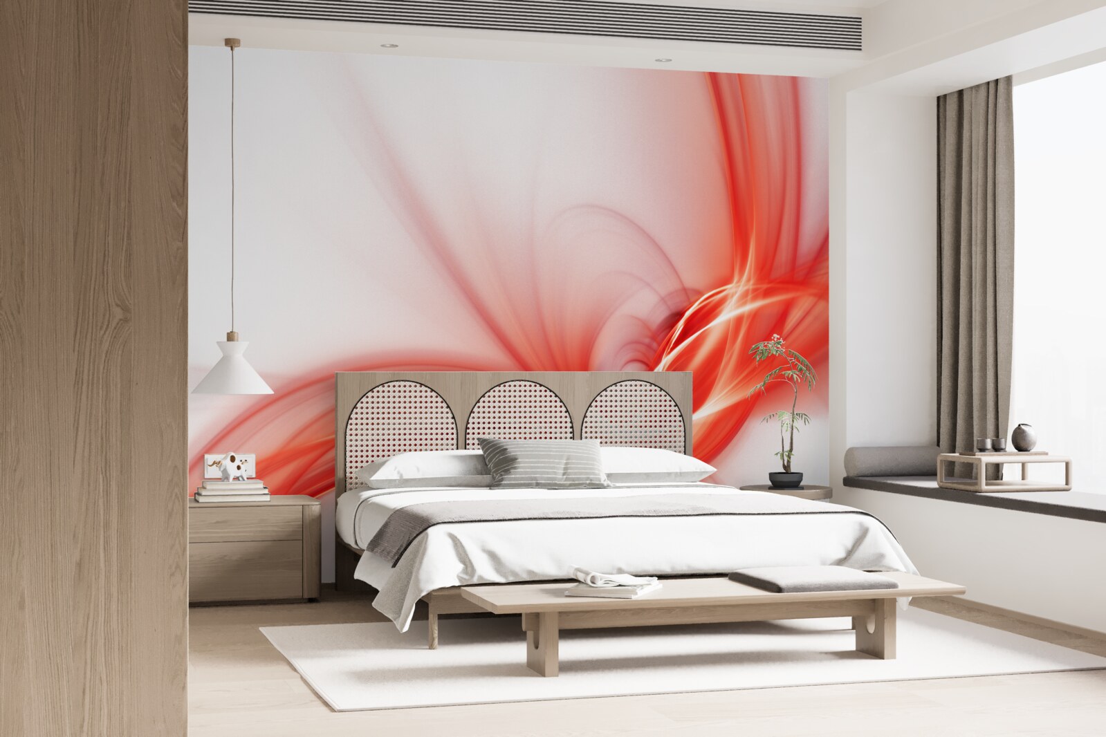 Фотошпалери червоний візерунок на шовковому білому тлі