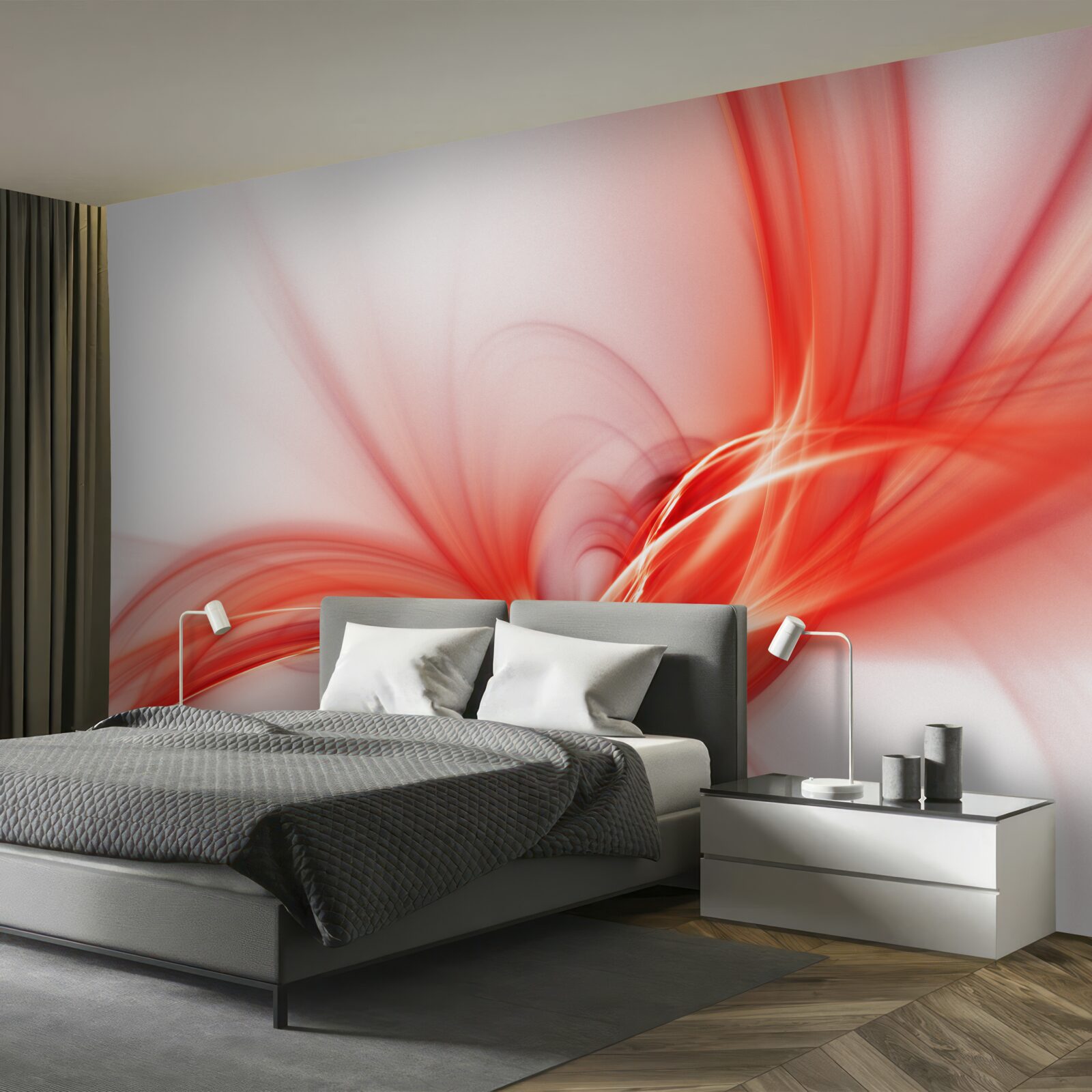 Фотошпалери червоний візерунок на шовковому білому тлі