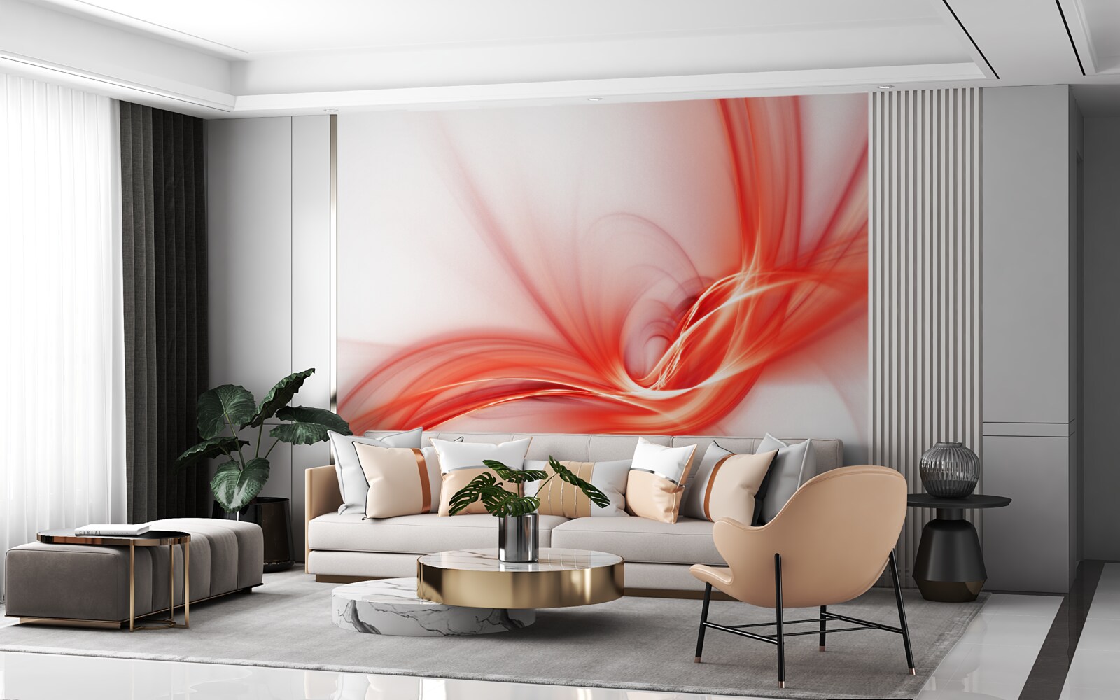 Фотошпалери червоний візерунок на шовковому білому тлі