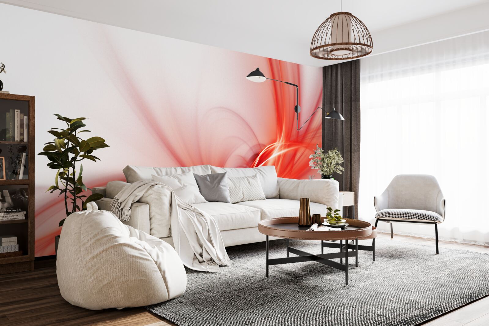 Фотошпалери червоний візерунок на шовковому білому тлі