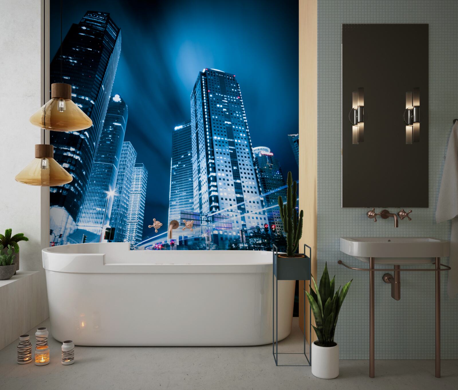 Фотошпалери хмарочоси міста підсвічуються різнокольоровими вогнями