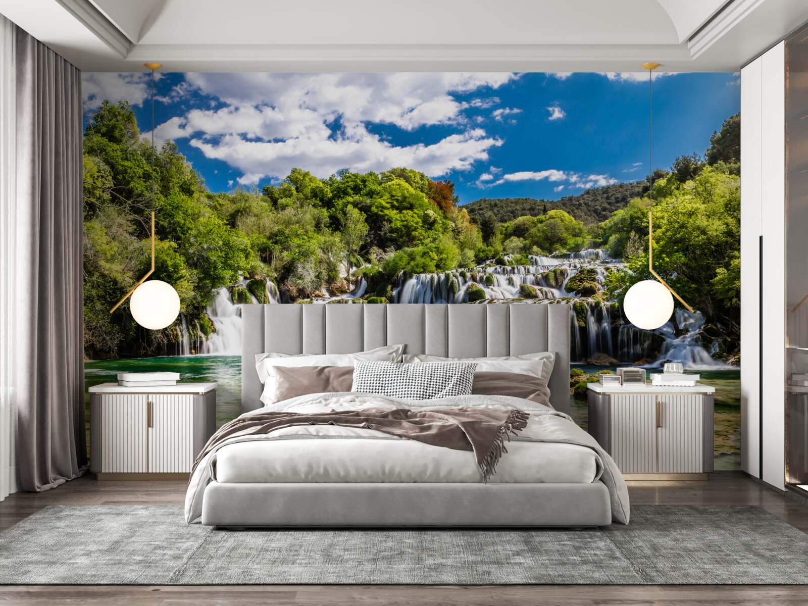 Фотошпалери водоспад у кілька каскадів із зеленими зонами