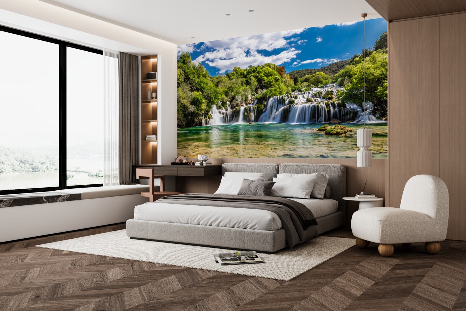 Фотошпалери водоспад у кілька каскадів із зеленими зонами