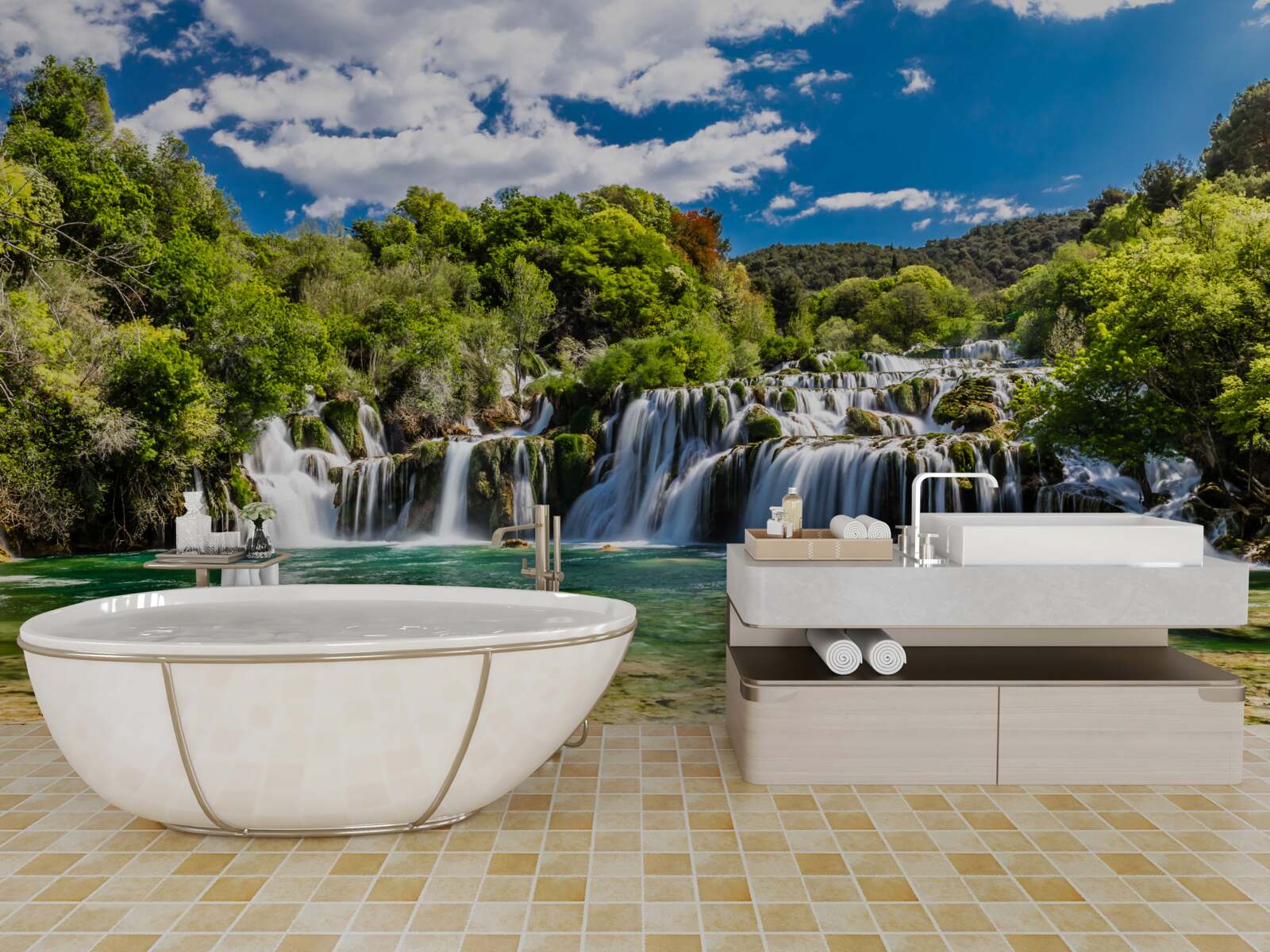 Фотошпалери водоспад у кілька каскадів із зеленими зонами