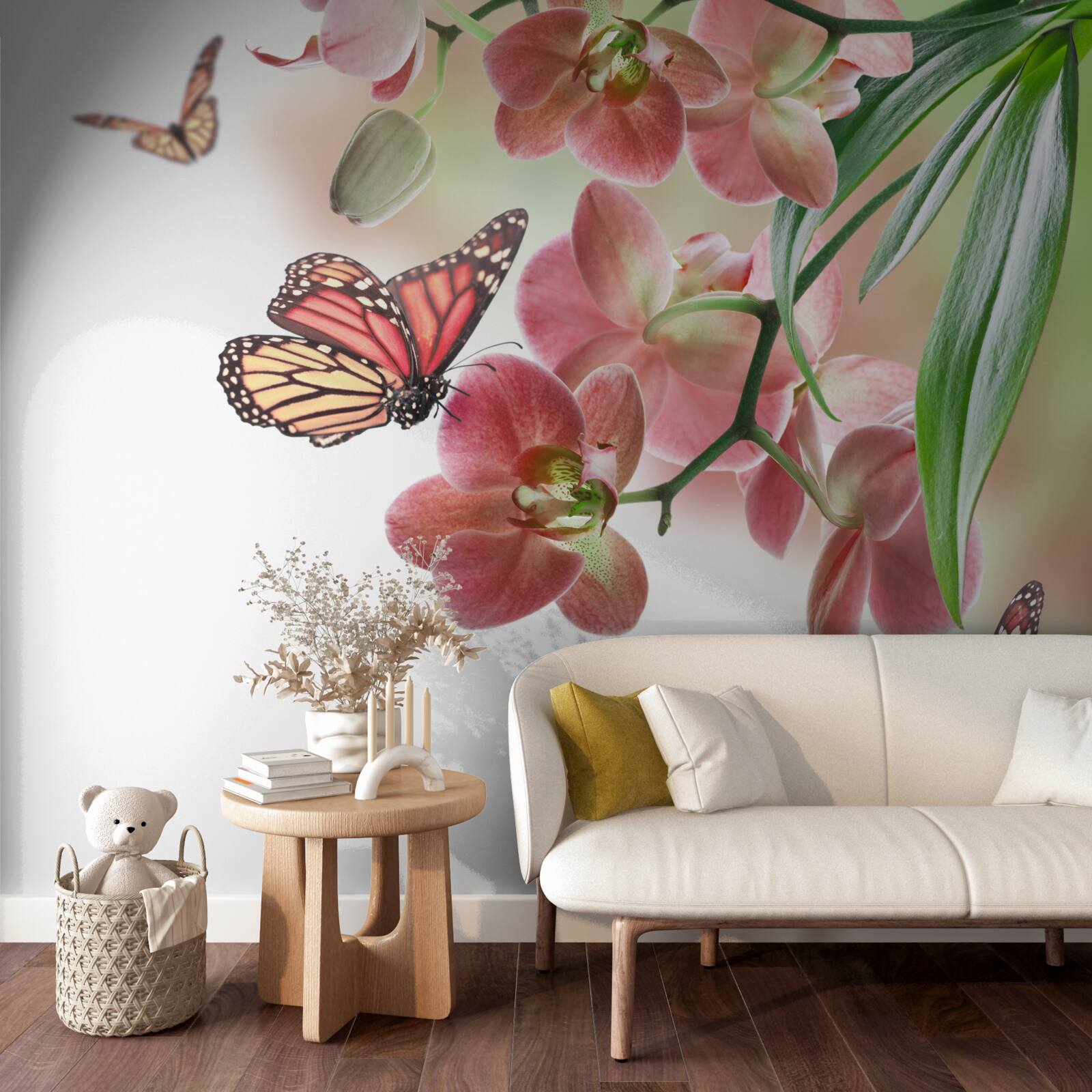 Фотошпалери метелики літають над квітучими квітковими бруньками