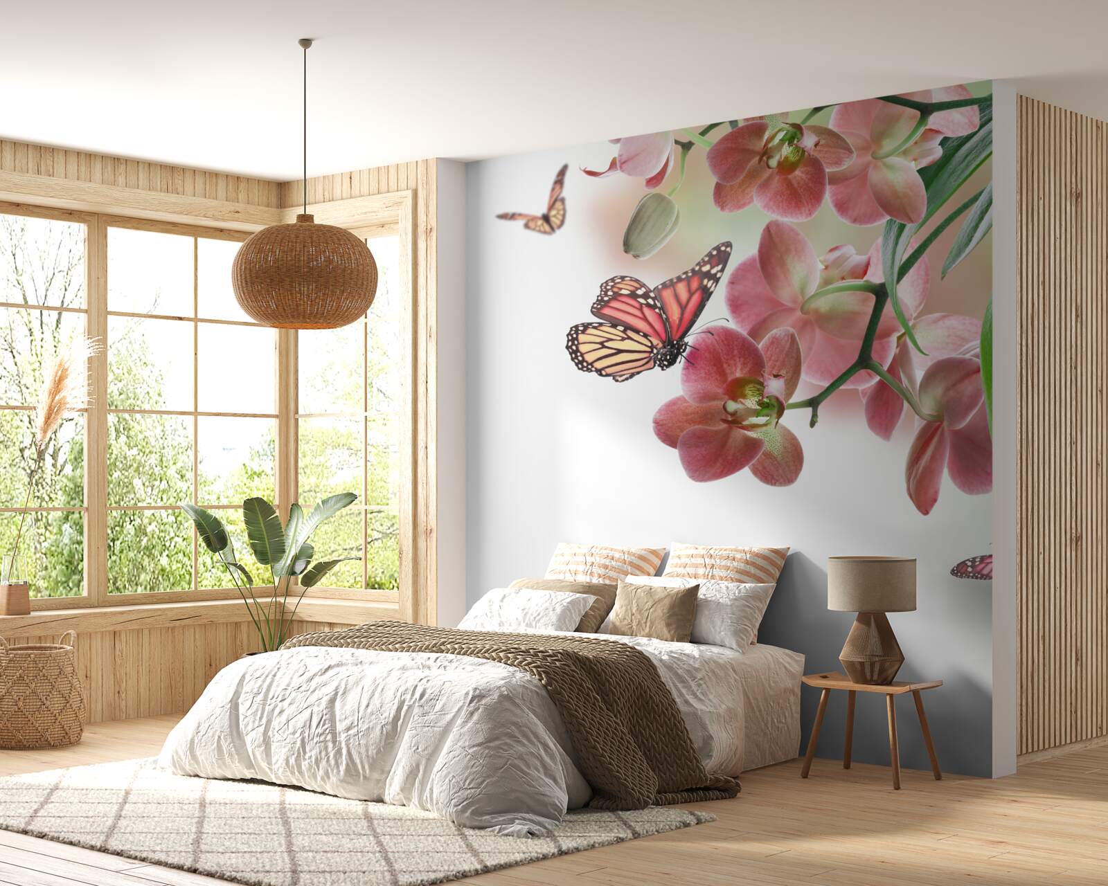 Фотошпалери метелики літають над квітучими квітковими бруньками