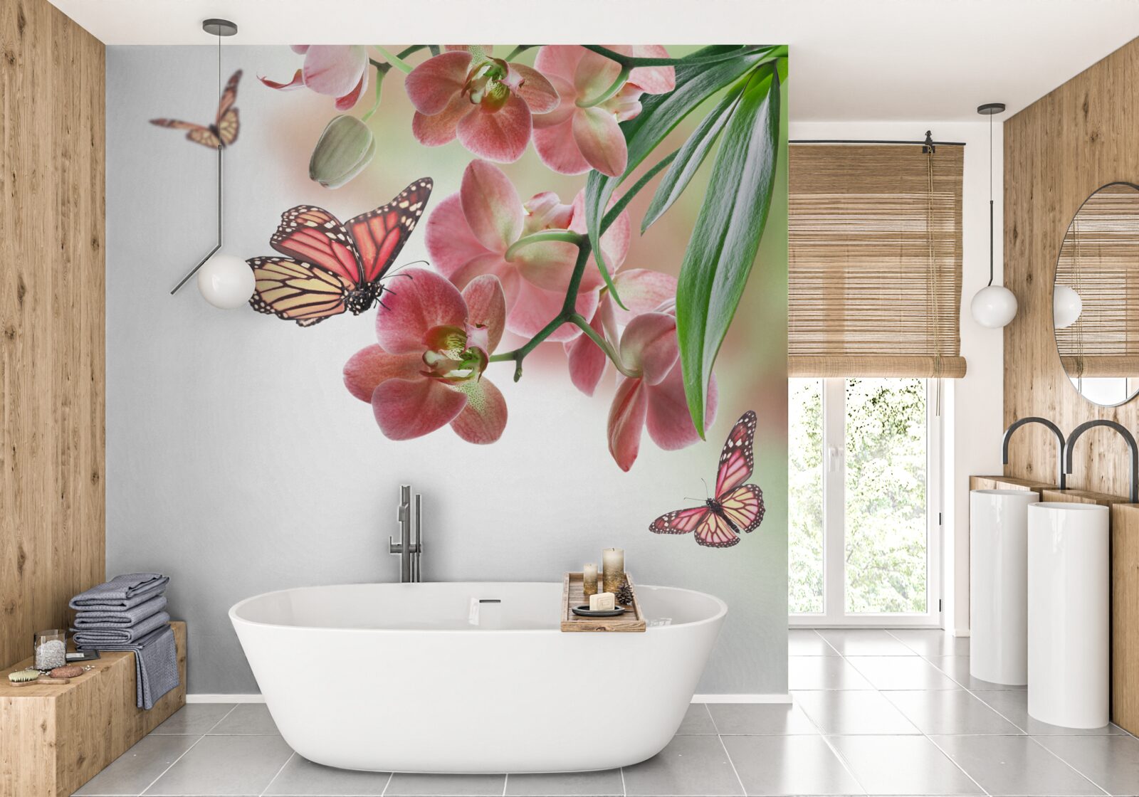 Фотошпалери метелики літають над квітучими квітковими бруньками